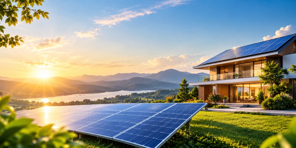 Modern solar-powered residence with lake and mountain sunrise
